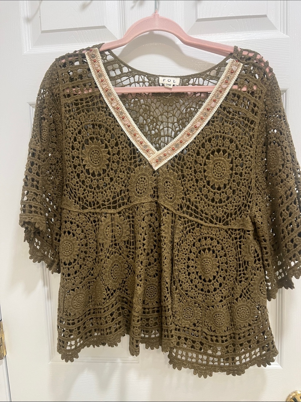 POL Olive Crochet V‑Neck Tunic with Embellished Trim